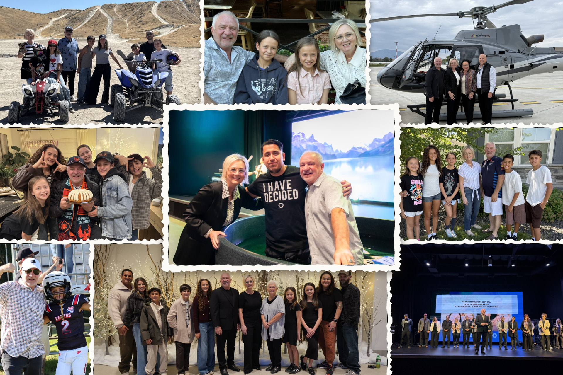 Photographs of family and ministry: grandchildren, a baptism, a birthday, and church gatherings
